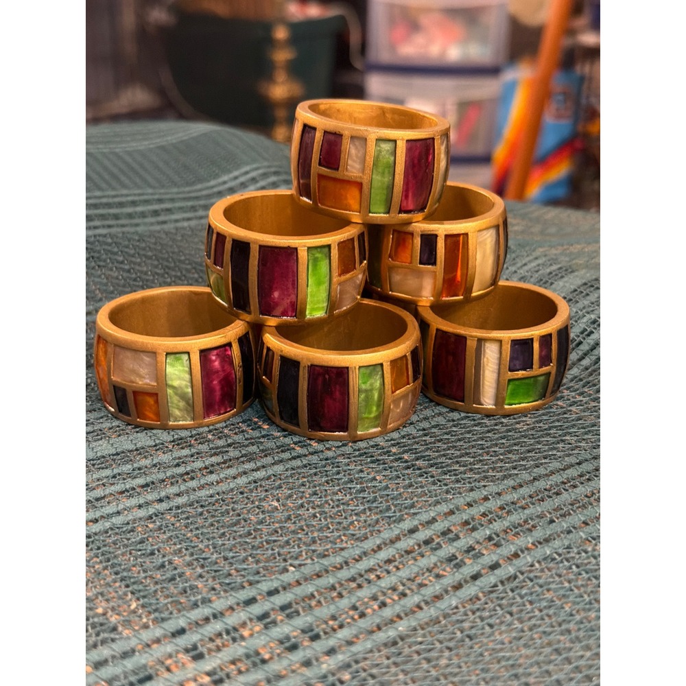 Set of 8 Stained Glass Style Mosaic Napkin Rings Gold Tone Jewel Tones Geometric